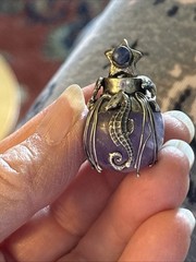 Artisan Signed Amethyst And Sterling Silver 925 Dolphins Seahorse Lapis Pendant