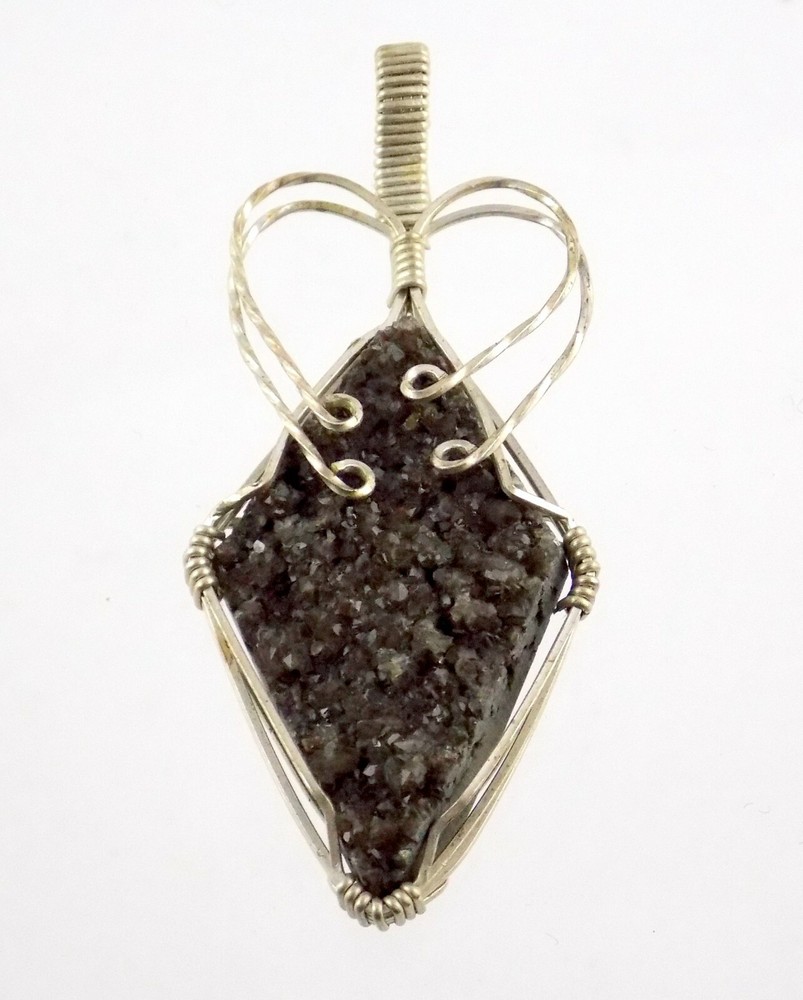 Silvertone Metal Wire Wrap Pendant Black Druzy Treated Quartz Gem 8.8g 2.25 Inch