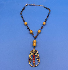 NECKLACE Artisan upcycled vtg yellow glass red coral beads casted brass pendant