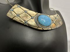 Handmade 925 Statment Necklace Faux Opal Blue / Gold Piece Signed «S.O» or «O.S»