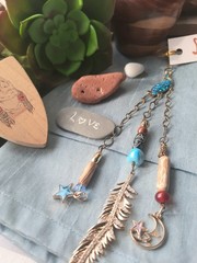 Artisan Boho Moon & Stars Peacock Pendant Necklace, Antiqued Brasstone Chain