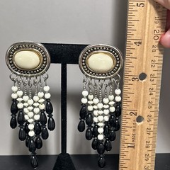 Vintage Silver Tone Chandelier Statement Earrings Black White Western Festival