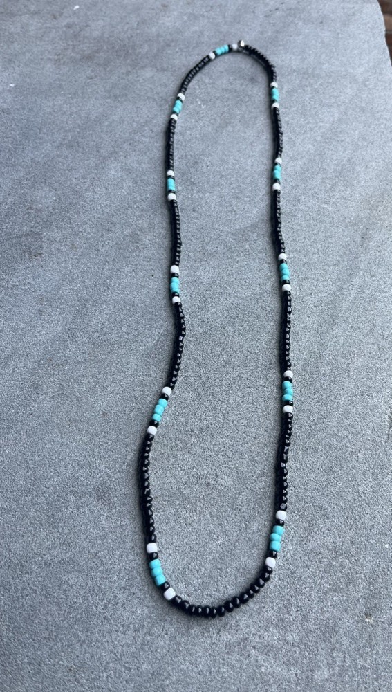 The Chief – Handmade black glass seed bead Necklace with aqua and white 28”