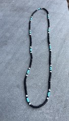 The Chief – Handmade black glass seed bead Necklace with aqua and white 28”