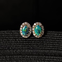 Green Colored Black Opal & Halo Diamond Stud Earrings 14k Yellow Gold
