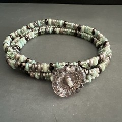 Handmade Bead woven Triple Wrap Bracelet Vintage Glass Button Closure