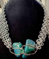Vintage Handmade Modernist Statement Necklace Chainmail, Stone And Quartz.