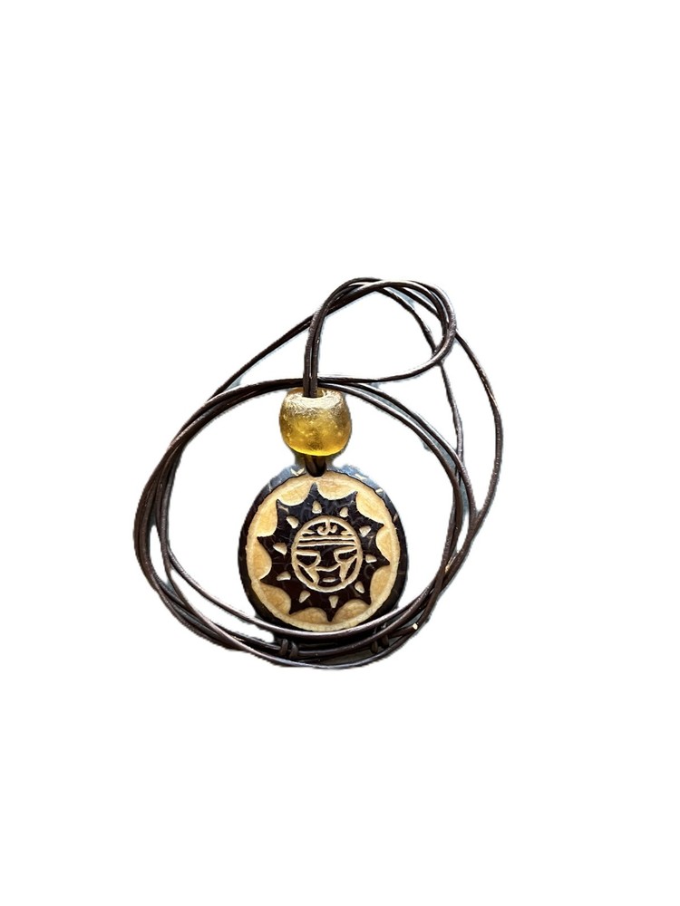 Carved Sun Pendant Necklace with African Glass Trade Bead