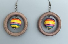 Vintage Bright Neon Enamel Wood Ball- Hoop-Dangle Earrings-Handmade-Toy-Fun
