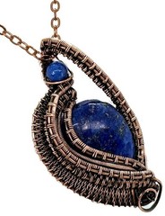 Lapis Lazuli Woven Teardrop Necklace with Garnet: Bronze Wire Wrap