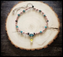 Natural and Coral Hemp Necklace With Yellow Glass Mushroom Pendant & Glass Beads