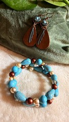 Handcrafted Turquoise STYLE Wood Jewelry Set Earrings Bracelet Boho Western chic