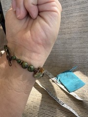Green Serpentine Jasper Beaded Bracelet Copper Toggle Clasp Moss Matrix 8.25″