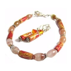 Artisan Orange Brown Gemstone & Flower Art Glass Beads Bracelet & Earring Set