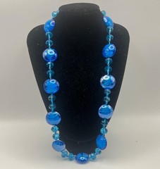 Artisan Blue Glass Bead Necklace Hand Knotted 20.5+2″ Silver Tone Ocean Coastal
