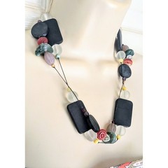 Artisan Colorful Art Glass & Black Wood Double Strand Cord Bohemian Necklace