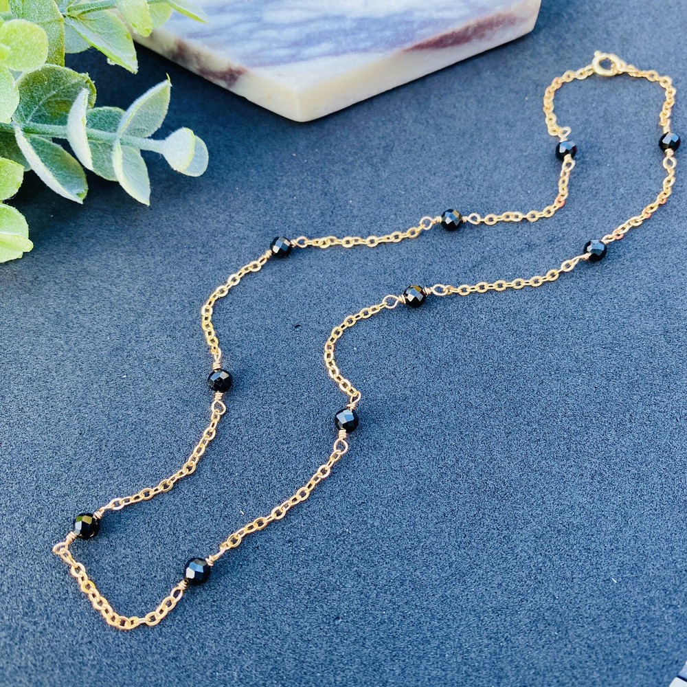 Natural Black Tourmaline Bead Necklace Gold Filled Chain Link Tourmaline Choker