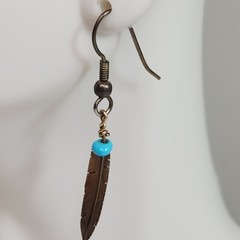 southwest feather turquoise bead dangle pierced earrings 1/20 12k gf boho