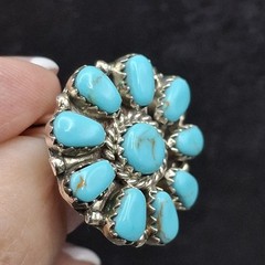 Signed Benally Native American Turquoise Cluster Ring Sterling Silver Size 8.5