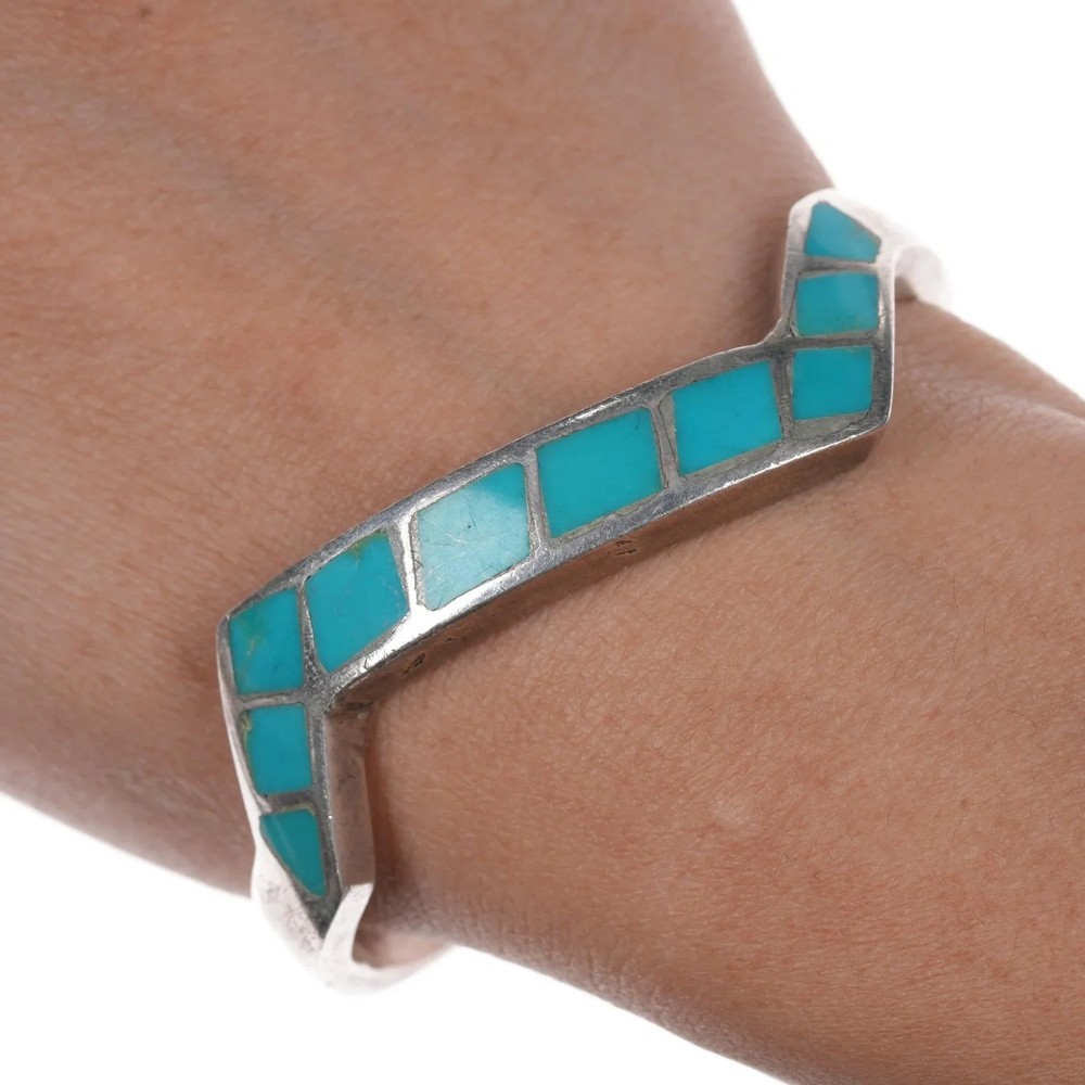 6.5″ Vintage Native American sterling silver turquoise channel inlay cuff brace