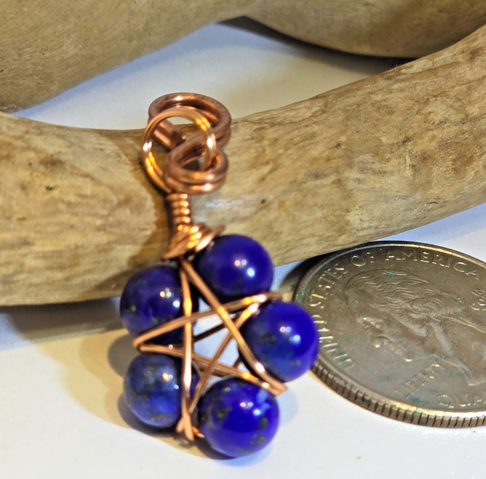 Copper Wire Wrapped 5-Point Star Pendant with 6mm Lapis Lazuli Beads