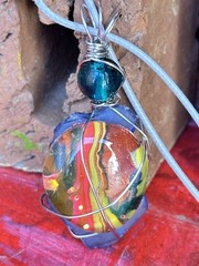 OOAK Artisan Glass Necklace, Pendant, Hand Painted Wire Wrapped Handmade 4250 W