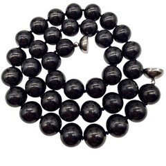 Chunky Obsidian Bead Necklace 20” Hand Knotted Silver Pl. Magnetic Clasp Black 6