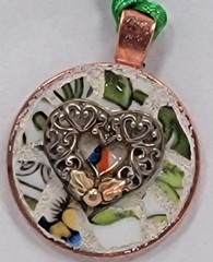 Mosaic Handmade Green Leaf Background & Heart Pendant Embellished