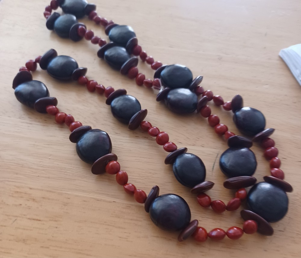 Vintage 37″ Hand Crafted Necklace Made From Natural Red And Brown Seeds