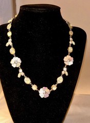 Mother of Pearl Flower, Rhinestone Choker Necklace, Silver-Tone Floral Statement