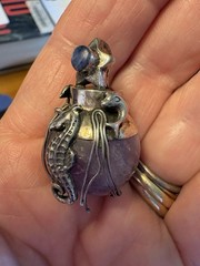 Artisan Signed Amethyst And Sterling Silver 925 Dolphins Seahorse Lapis Pendant