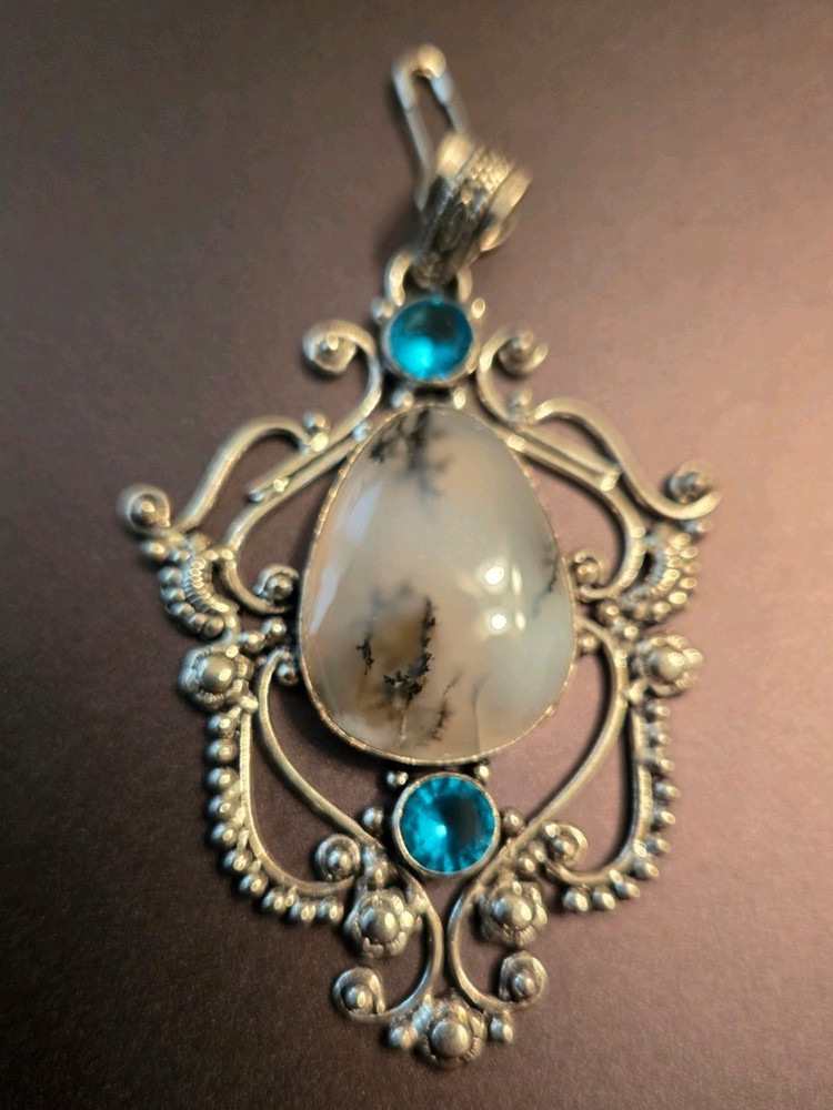 Artisan Handmade Sterling Dendritic Moss Agate/Blue Topaz Accents Pendant