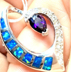 Tanzanite CZ & Blue Opal Inlay 925 Sterling Silver Floating Heart Slider Pendant