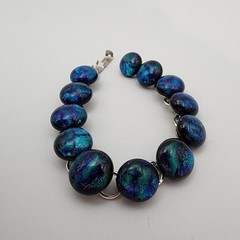 Vtg Dichroic Round Cabochon Glass Link Bracelet Blue Teal Green Silver Tone 7″