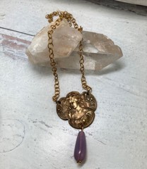 Vintage Art Nouveau Goddess Necklace French Brass Lady Glass Teardrop Opalite