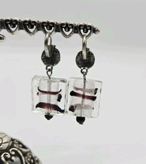 Glass Dangle Earrings Black Clear Square Lampwork Boho Silver tone Modern 2 in