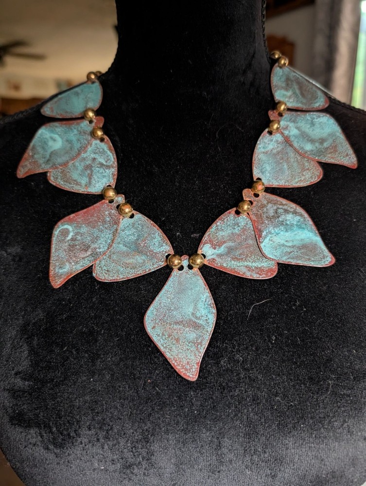 Handmade Patina Copper Leaf Necklace With Brass Accents & Hook Clasp