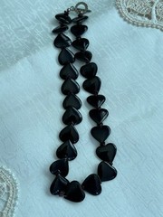 Handmade Black Glass Heart Bead Necklace 16″ Toggle Clasp Dark Pink Spacer Beads