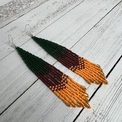 Boho Seed Beaded Earrings Green Brown Orange Fringe Dangle Drop Earrings 4.75 in