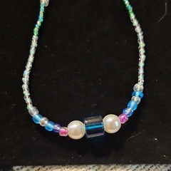 Beaded Necklace Multicolor Glass Blue Pink Green White Round Lobster Clasp