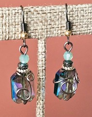 New Artisan Beveled Blue Glass Earrings With Hematite Wire Wrap & Ear Wires