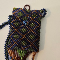 Vintage Artisan Fringed Tribal Seed Bead Necklace Pouch Diamond Pattern