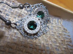 Earrings Real Speer Luger 9mm Bullet Green Glass Crystal Dangle Pierced Jewelry