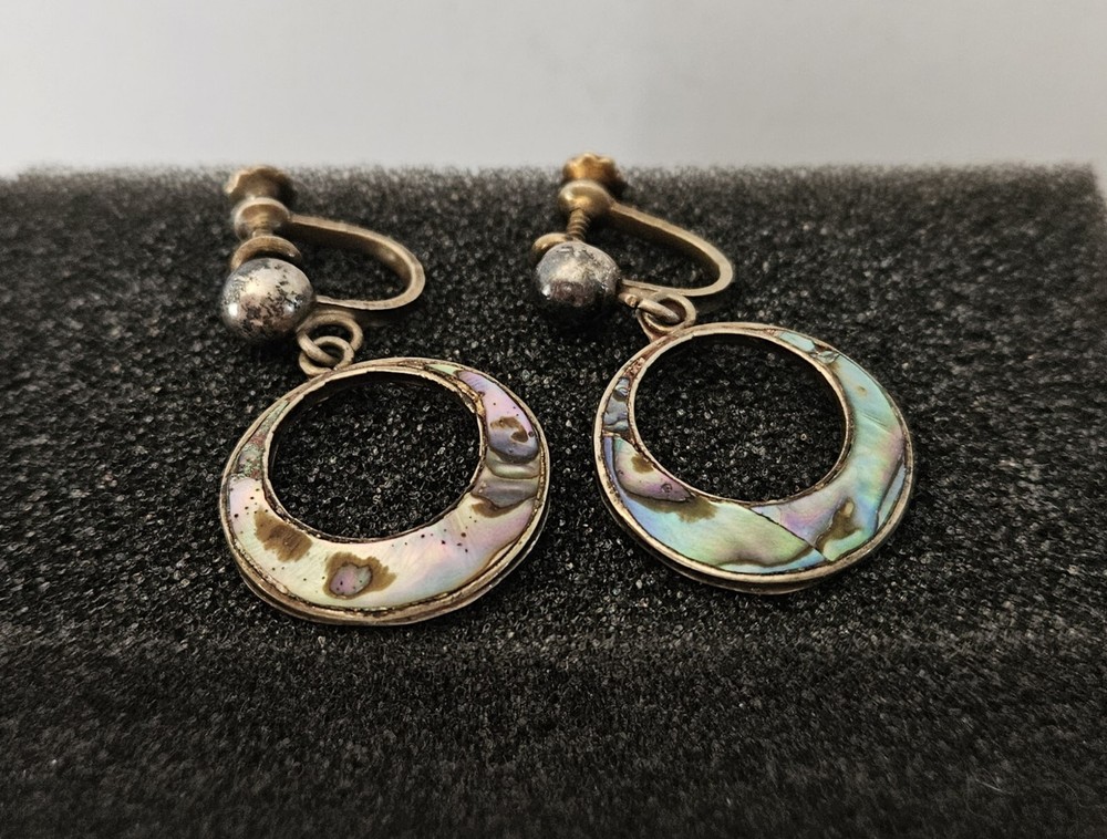 VTG Sterling Abalone Inlay Dangle Screw Back Earrings. Marked Made in Mexico.