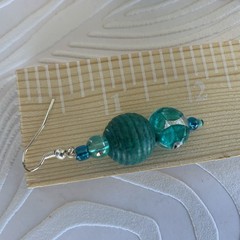 Boho style Teal Earrings Handcrafted Glass Wood Acrylic Sterling Silver