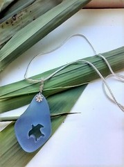Hand Carved Sea Turtle Tortoise Blue Sea Glass Pendant Silver Necklace 18″