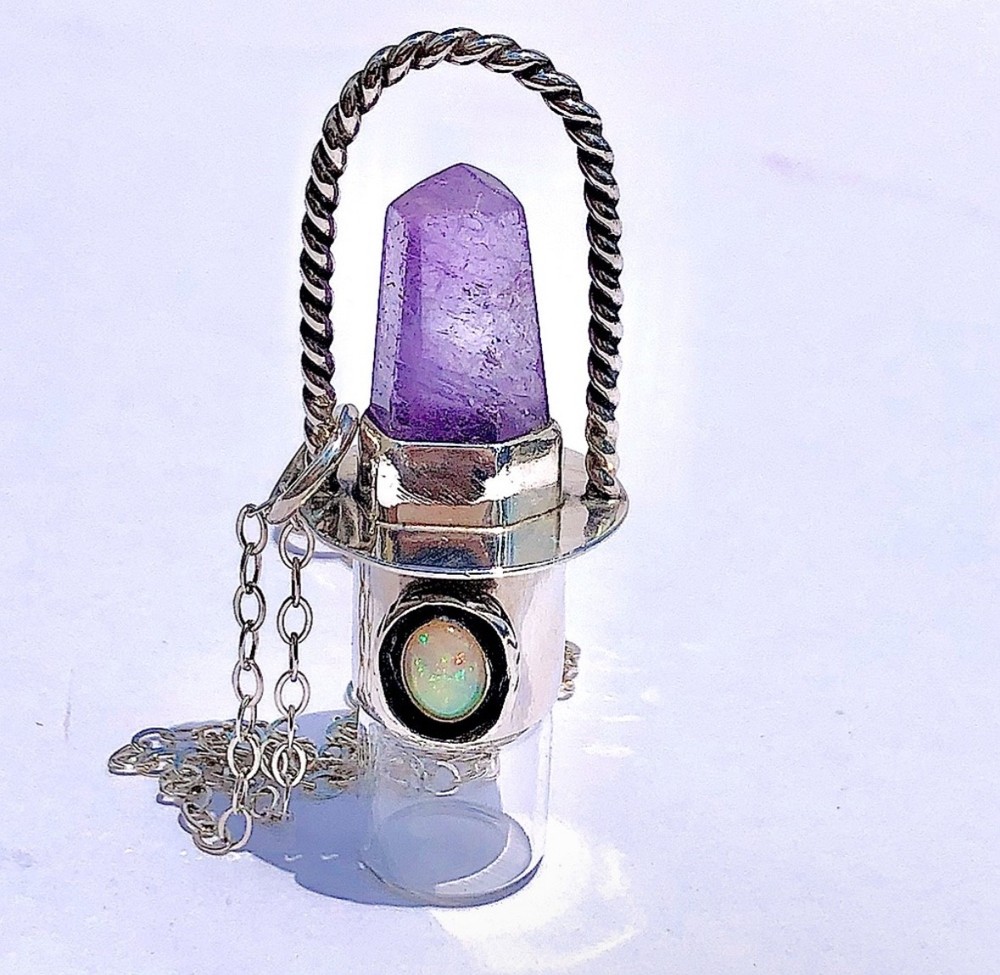 RARE – Amethyst & Rainbow Opal Silver Rollerball Necklace – by Roadkill Gems