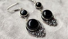 New Set Black Tourmaline Onyx Pendant Earrings Silver Modern Protection Core