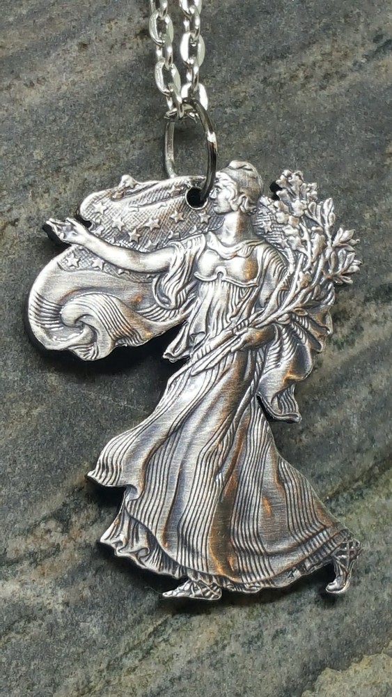 HAND CUT LADY LIBERTY AMERICAN .999 SILVER EAGLE PENDANT