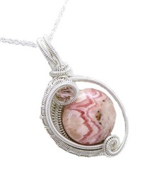 Rhodochrosite Wire-Wrapped Pendant in Sterling Silver with Swarovski Crystal